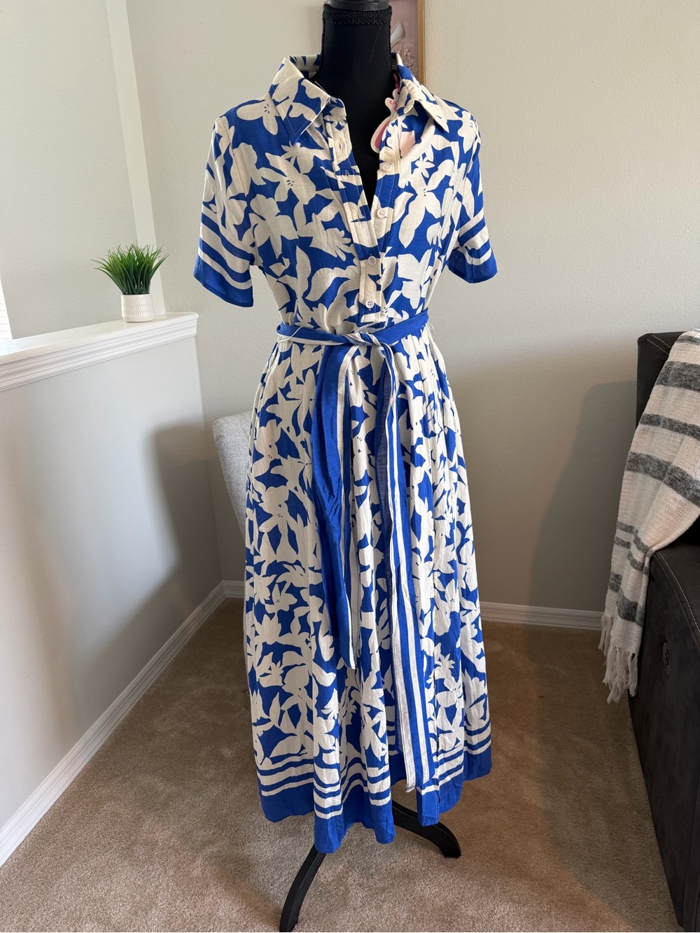 Blue and White Floral Midi Shirt Dress with Tie Belt